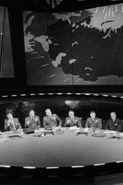 Dr. Strangelove still — officers at the war-room table under a world map, from Jam Jar Cinema.